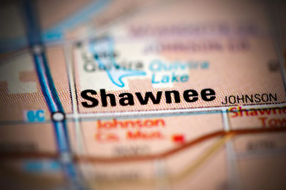 A map focuses on the city of Shawnee, Kansas and its surrounding roads and neighboring towns.